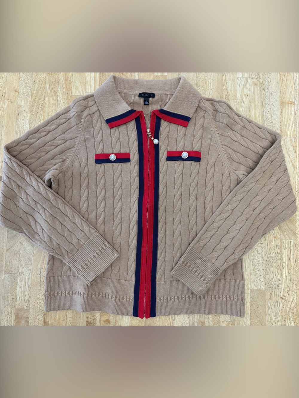 Talbots Camel Cable Knit Zip Cardigan Red Navy Stripe Pearl Sweater XS Preppy